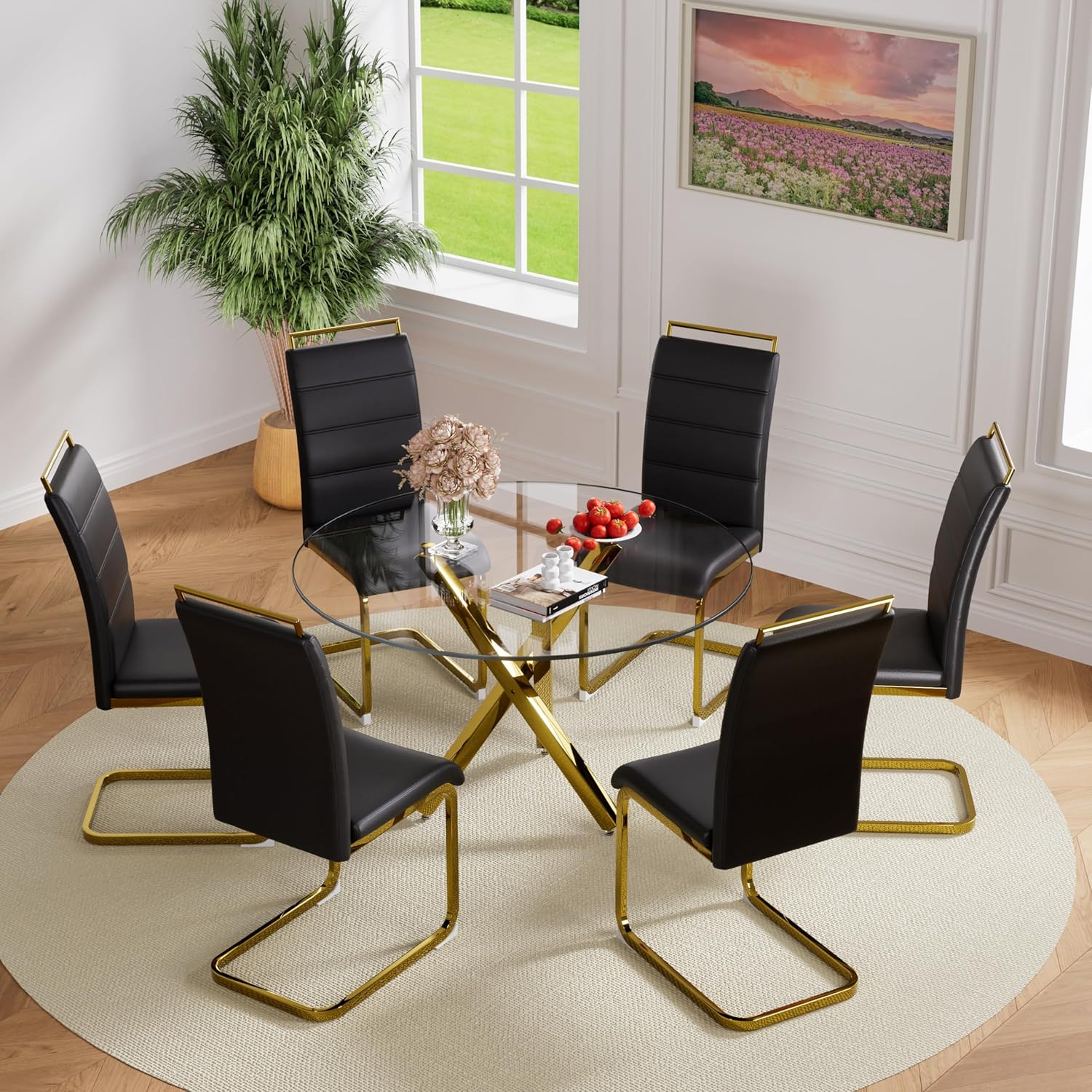 Baysitone Round Glass Dining Table Set for 6, 47'' Circle Dining Table Set with Black PU Faux Upholstered Dining Chairs, Glass Dining Room Table Set with Square Base for Home