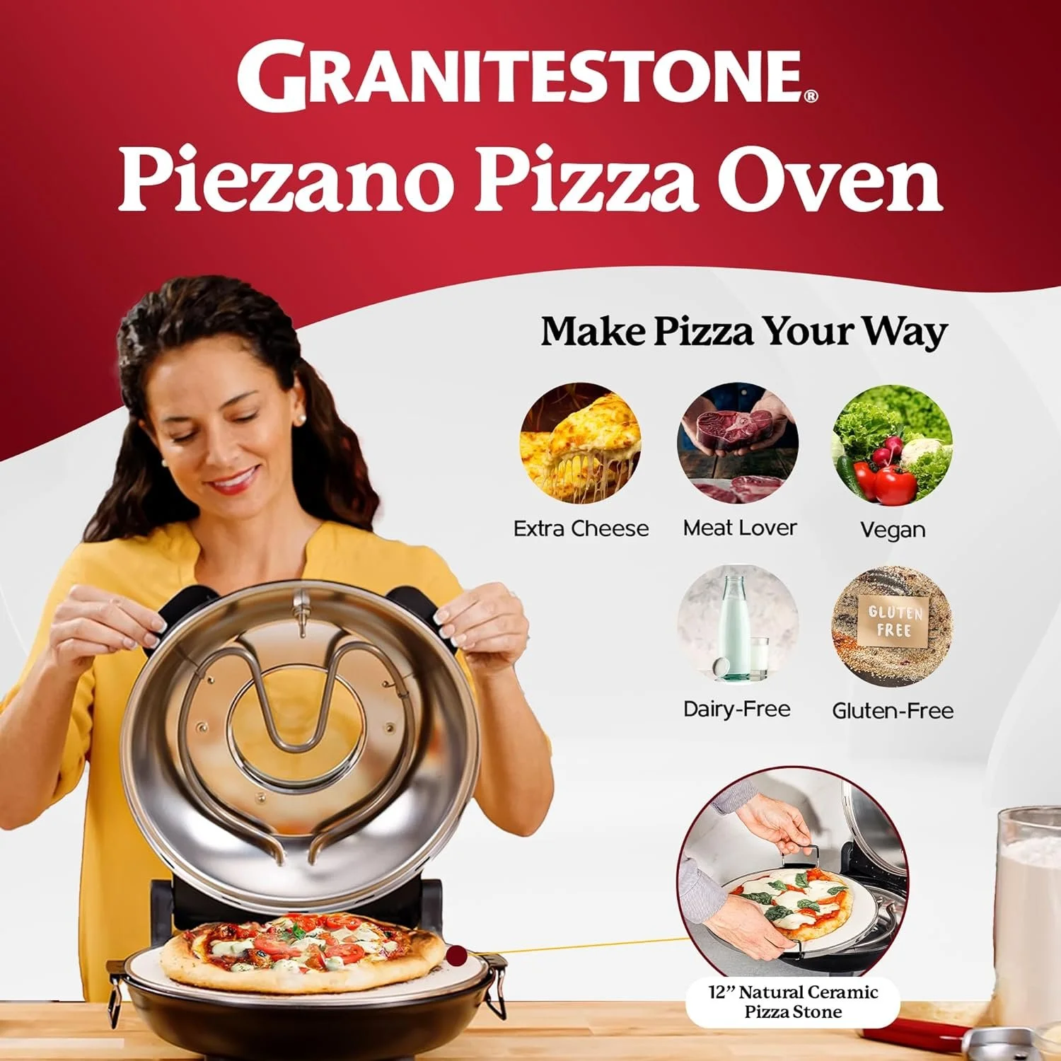 Piezano Pizza Oven by Granitestone  Electric Pizza Oven Indoor Portable, 12 Inch Indoor Pizza Oven Countertop, Stone Baked Pizza Maker Heats up to 800F for Brick Oven Taste at Home As Seen on TV