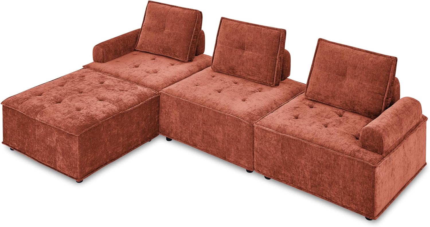 99Inch L-Shape Chenille Modular Sectional Sofa, Upholstered Couch DIY Combination Set with Plastic Black Legs, Home Furniture, for Living Room Office, Red