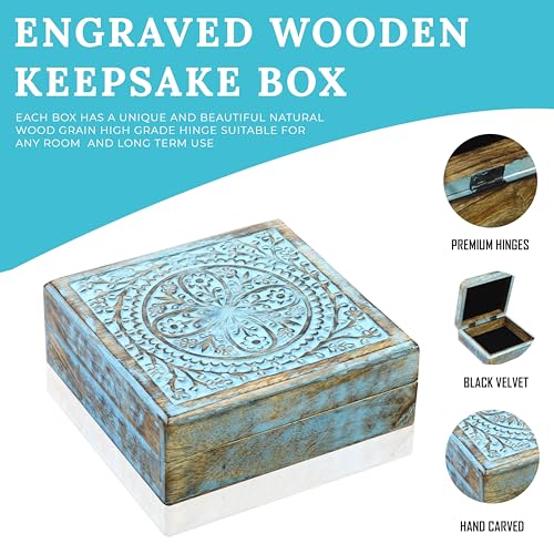 Wooden Box - Keepsake Box With Lid- Memory Box For Keepsake - Crystal kit Box for Keeping Stones, Engraved Design, Jewelry Box, Trinket Box - Sky Blue