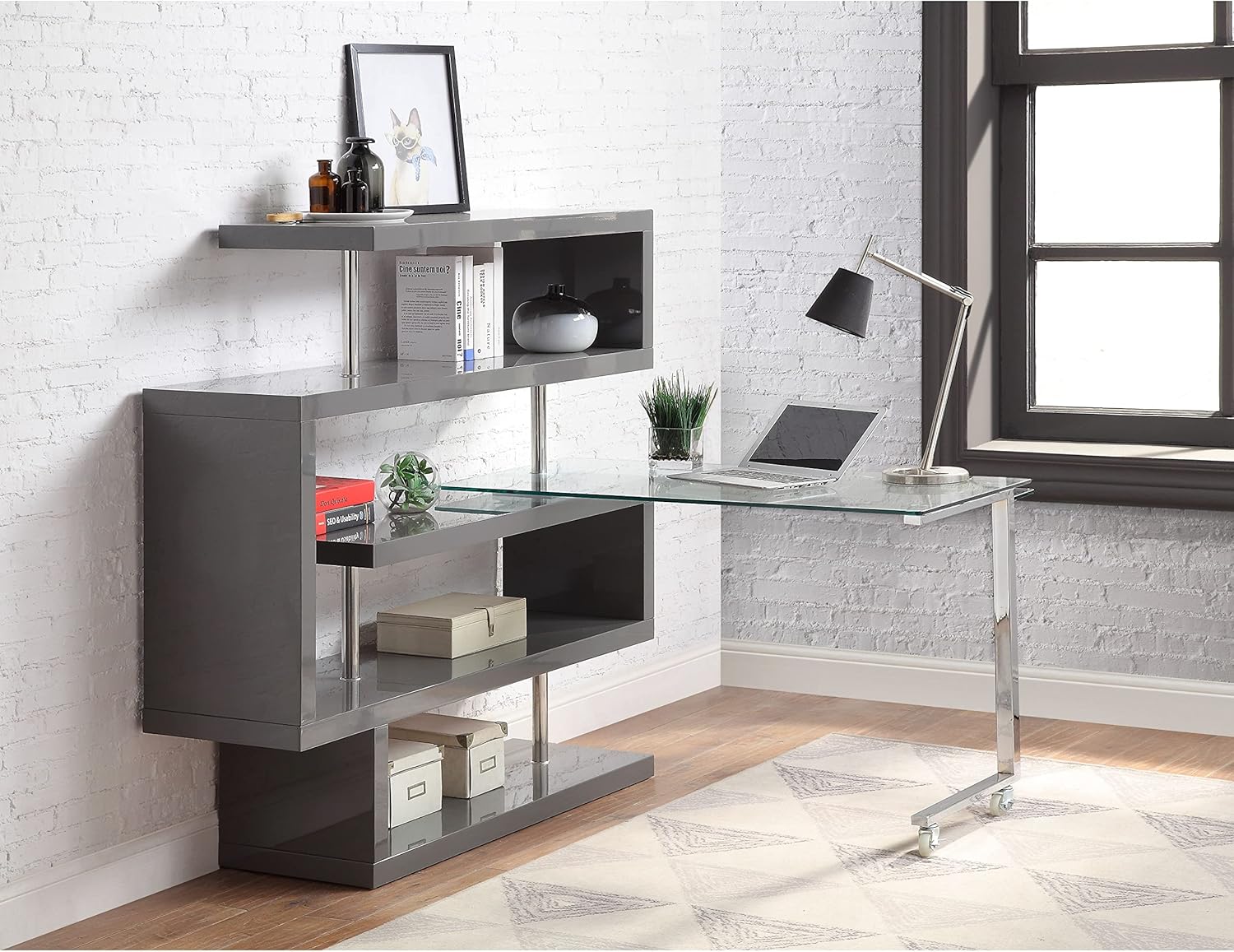 Writing Desk with Shelf Clear Glass Gray Chrome Finish Grey Industrial Corner Wood Distressed