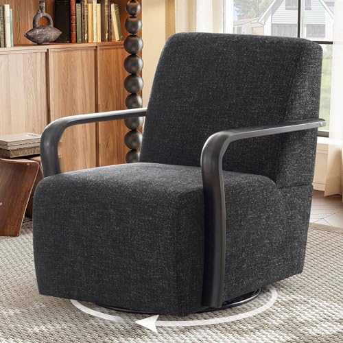 ELUCHANG 360° Oversized Swivel Accent Chair Set of 2, Mid Century Modern Chair Spinning Chair with Wide Upholstered & Wooden Arms, Arm Chair for Living Room, Bedroom, Black, Chenille