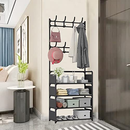 Hall Tree with Coat and Shoe Rack, Entryway Coat Rack with Bench Hooks and 4-Tier Shoe Rack, White