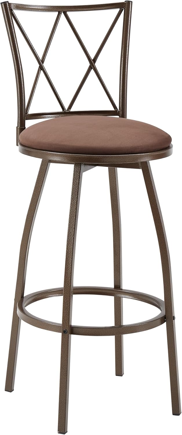 Set of 2 Classic Bar Stools, Rustic Swivel Bar Stools with Backrest and Footrest, Upholstered Island Height Bar Stools for Kitchen or Bistro, Brown/Black