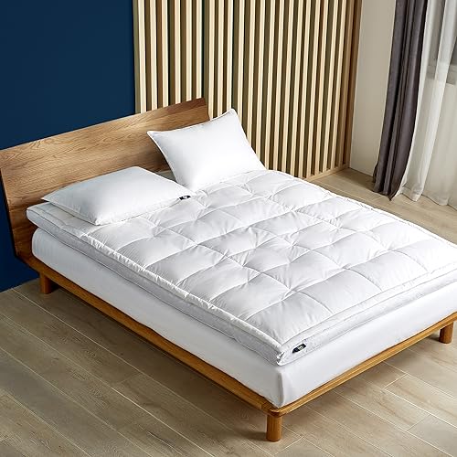 Serta Feather and Down Fiber Pillow Top Mattress Topper Twin Size - 233 Thread Count 100% Cotton Mattress Pad Ultra Soft 2-Inch Support Feather Bed-White
