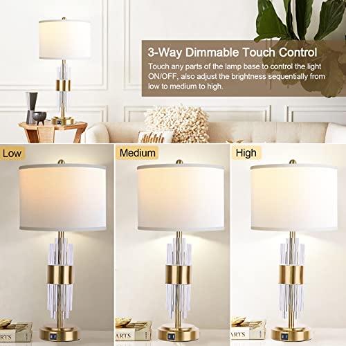 QiMH Gold Table Lamp for Living Room with USB Ports, Bedside Lamps for Bedrooms with Touch Control USB Ports, Modern Nightstand Lamp White Drum Lamp Shade Home Light Decor (2700K LED Bulb Included)