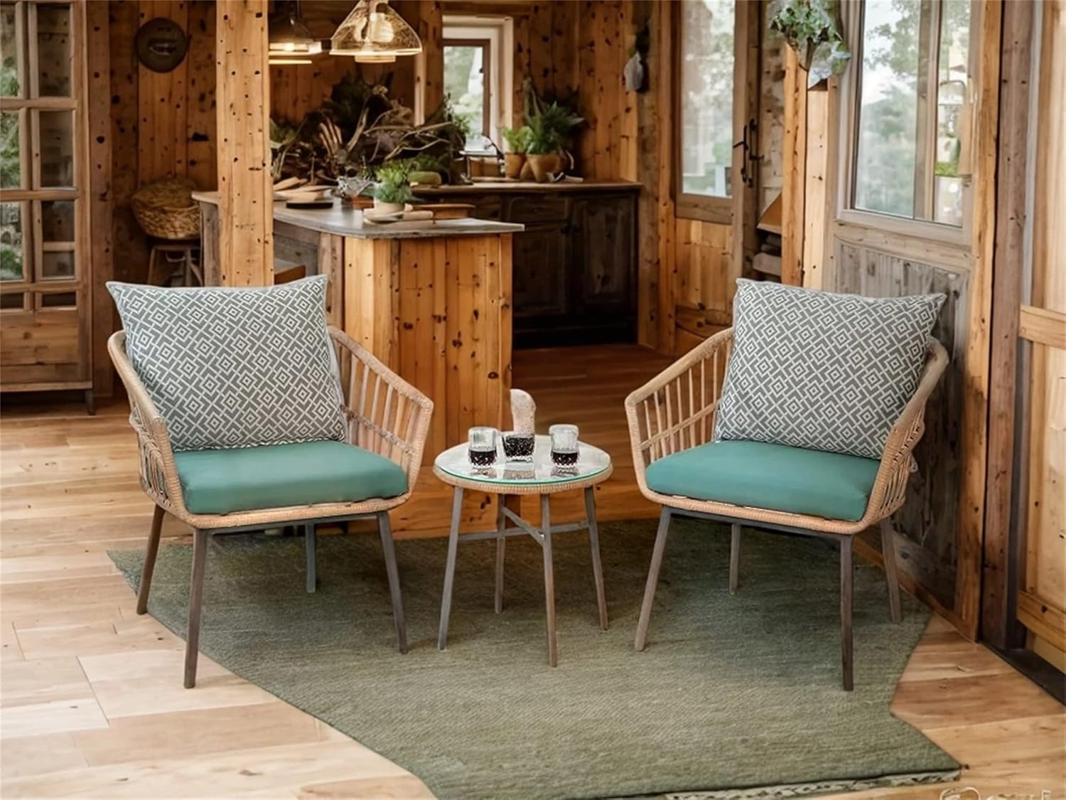 Weather Patio Bistro Outdoor Furniture Set Tempered Coffee Table, and Wicker Chairs for Garden, Balcony, Yard Poolside, Green