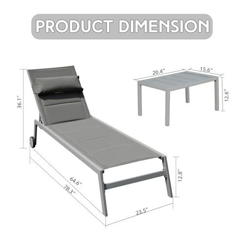 Domi Outdoor Patio Chaise Lounge Set of 3, Aluminum Pool Lounge Chairs with Side Table and Wheels, Textilene Padded Adjustable Recliner All Weather for Poolside, Beach, Yard, Balcony (Khaki)