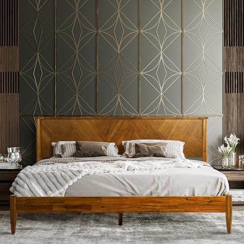 Panthera Bed with Artistic High Headboard Solid Wood Platform Bed 800lbs Capacity, Premium Natural Wood Bed Support All Mattresses, Noiseless Wood Slats Support, King Bed Frame, Caramel