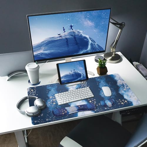 Bloss Ergonomic Mouse Pad and Keyboard Wrist Rest (4 Pcs), Non-Slip Desk Mat Protector, Desk Pad for Keyboard and Mouse, Large Gaming Mousepad-Black Marble (31.5×15.7 Inches)