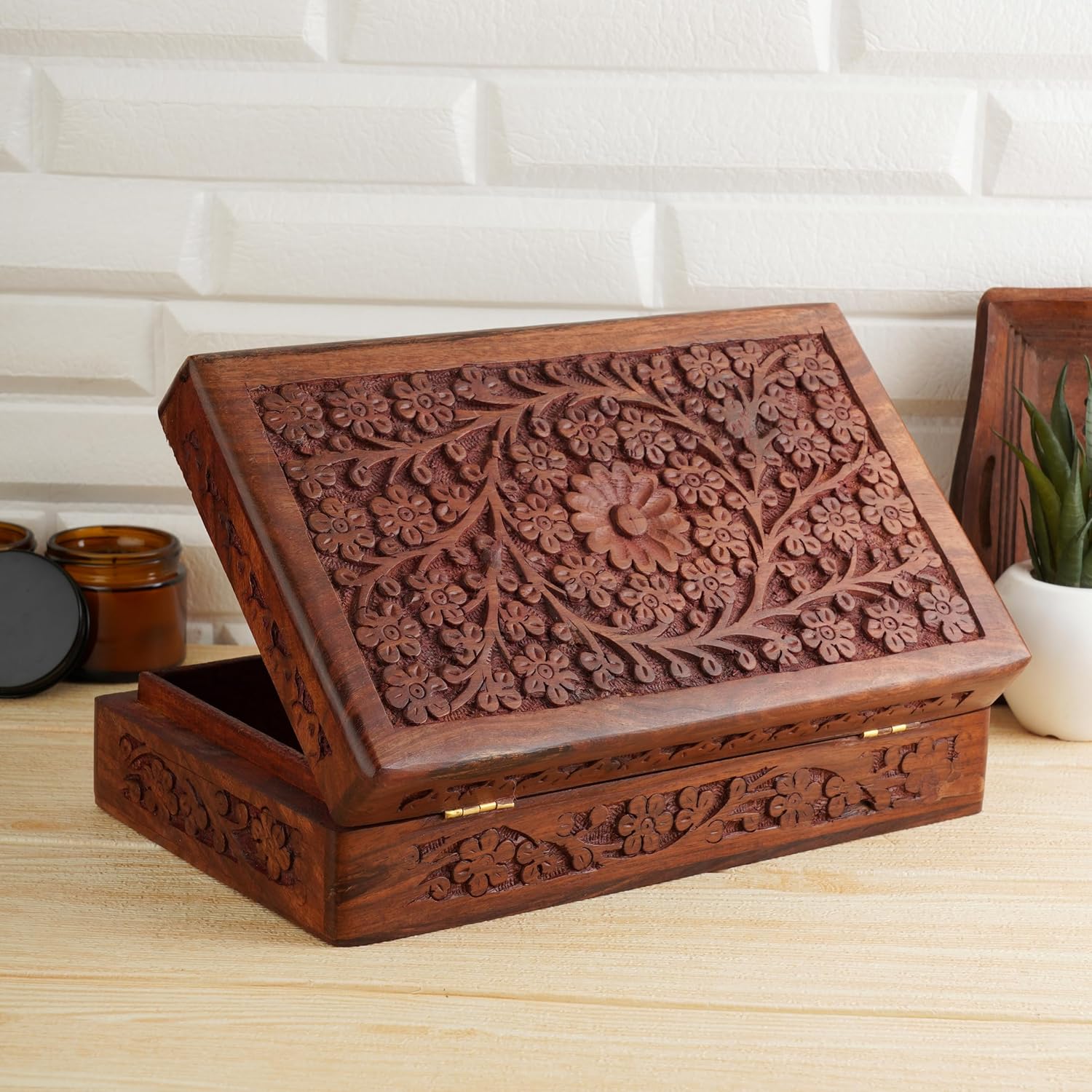 Ajuny Wooden Handcrafted Decorative Antique Wooden Keepsake Jewellery Organiser Handmade Multipurpose With Intricate Floral Carvings Jewelry Keepsake Storage Box Watch Box