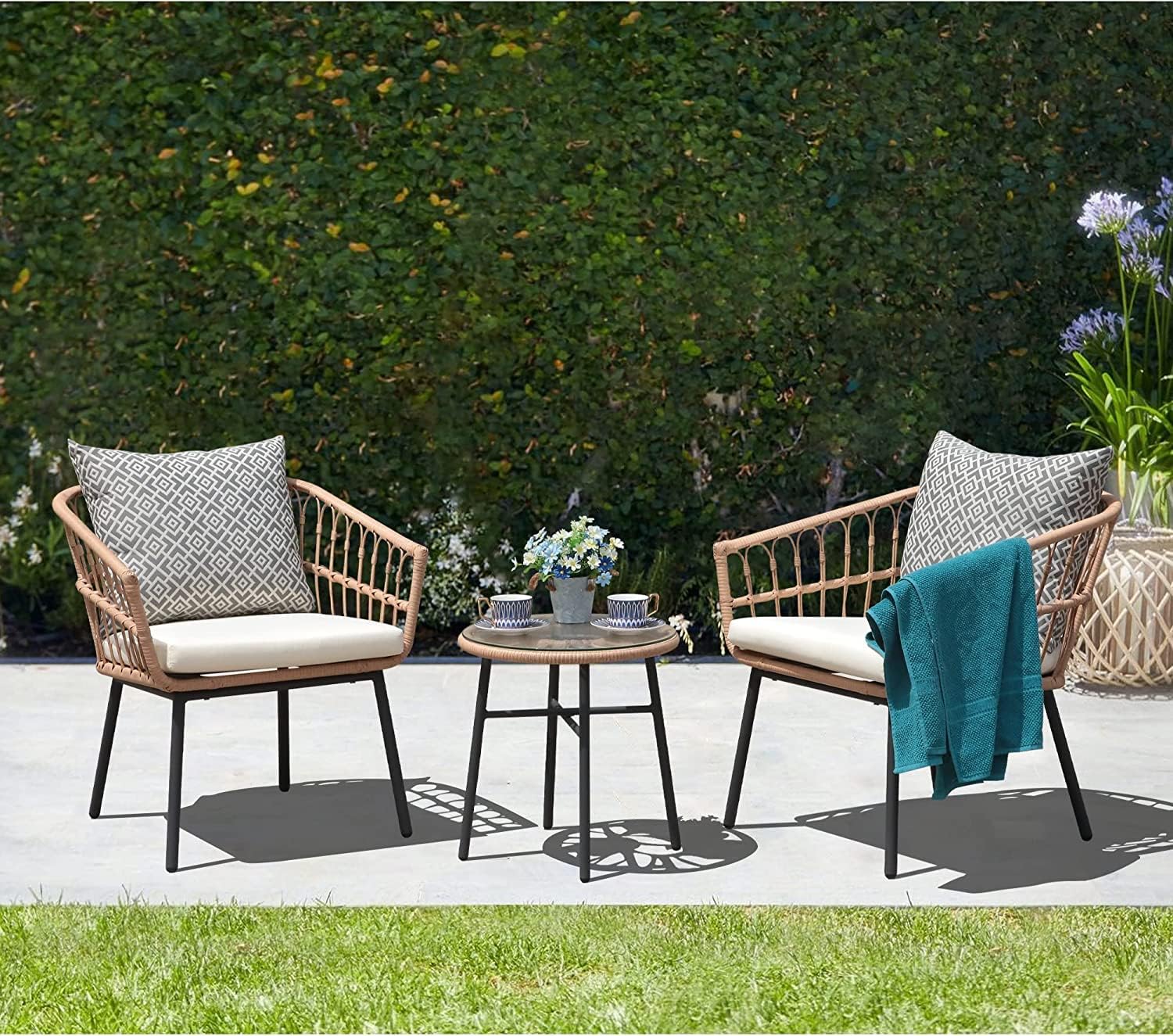 Weather Patio Bistro Set, Outdoor Furniture Tempered Coffee Table, and Wicker Chairs for Garden, Balcony, Yard Poolside, White
