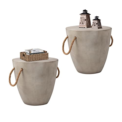 HOMPUS Set of 2 Outdoor Side Table w Faux Wood Design, Patio MgO Concrete Natural End Table, Square Accent Table, Small Coffee Table for Garden, Patio, Porch and Deck, Terrazzo