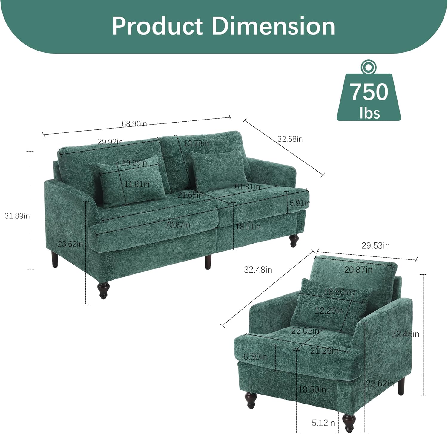 2 Piece Sectional Sofa Set, 70.8