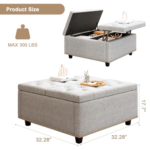 32 Inch Square Lift Top Ottoman with Storage,Upholstered Storage Bench to Coffee Table,Storage Chest Footstool for Living Room, Bedroom,Black