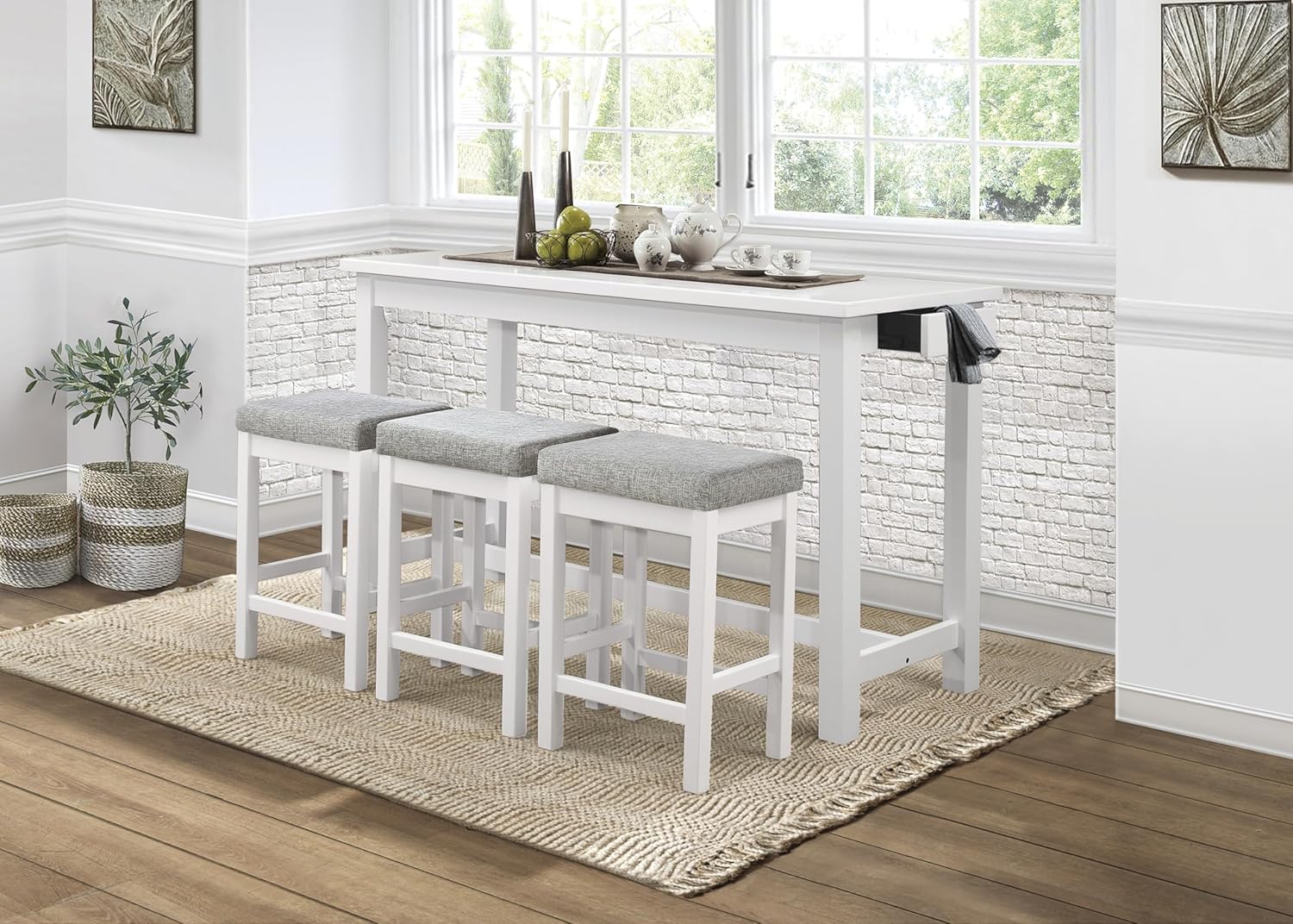 4pc Counter Height Dining Set White Finish Counter Height Table w Drawer Built-in USB Ports Power Outlets and 3 Stools Casual Dining Furniture