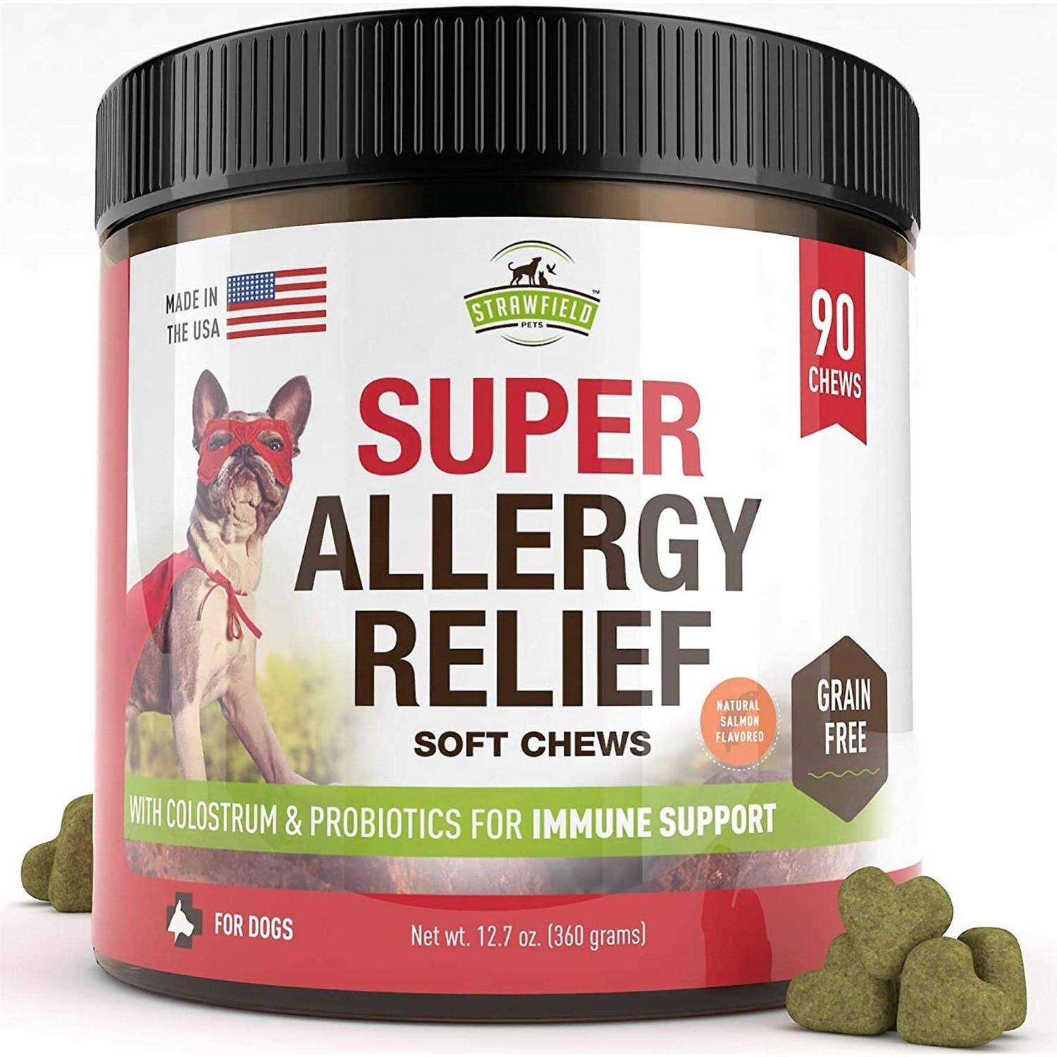 Strawfield Pets Super Dog Allergy Relief Soft Chews with Pre & Probiotics & Colostrum More Salmon Fish Oil for Dogs Natural Supplement for Dry Itch - Pet Supplies online store