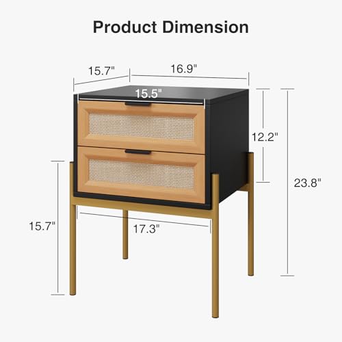 Vabches Natural Rattan Nightstand Set of 2, Boho Accent End Table with 2 Drawers, Black Wood Side Table with Metal Legs for Living Room, Bedroom