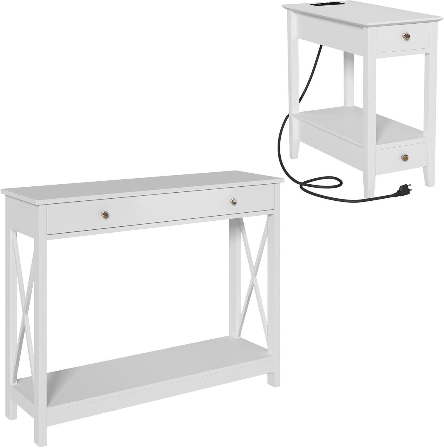 Treocho Console Table & Side Table with Charging Station, Narrow Foyer Oxford Design Sofa Table with Drawers & End Table with Storage, 2-drawer Nightstand with USB Ports & Power Outlet, White