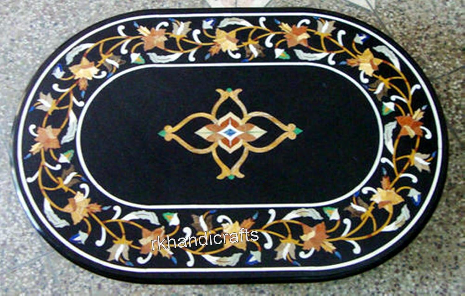 Oval Black Marble Dining Table Top Unique Pattern Inlay Work Conference Table for Hotel Decor 36 x 48 Inches