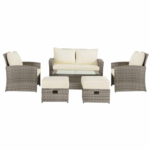 4PCS Patio Furniture Set, Outdoor Wicker Conversation Sectional L-Shaped Sofa with 4 Seater Thickness Coffee Table, for Backyard, Porch, Onesize, E-Beige Cushion+Brown Rattan