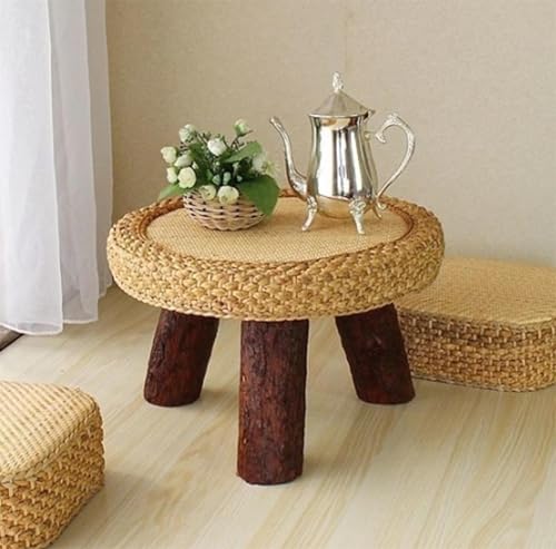 Rattan Round Coffee Table,Small End Table Low Table for Small Spaces,Tatami Table Vintage Tea Table for Living Room Balcony Home Decor,B