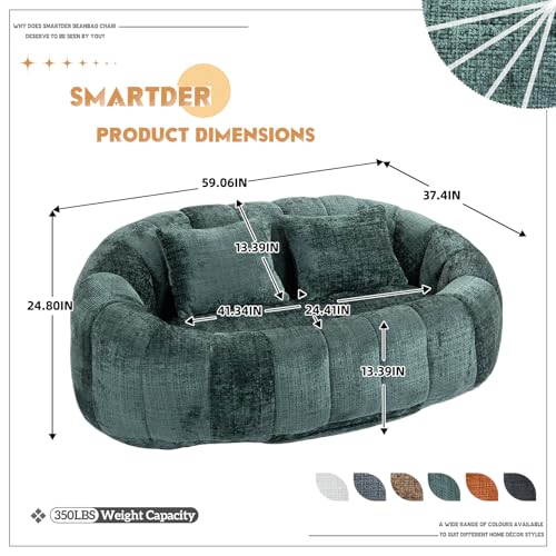 Giant Bean Bag Chair Couch with Foam Filler, Oversized Bean Bag Sofa for Adults,Teens, Comfy Floor Loveseat with 2 Pillows, Lazy Beanbag Lounger for Living Room, Game Room, Office, Chenille Emerald