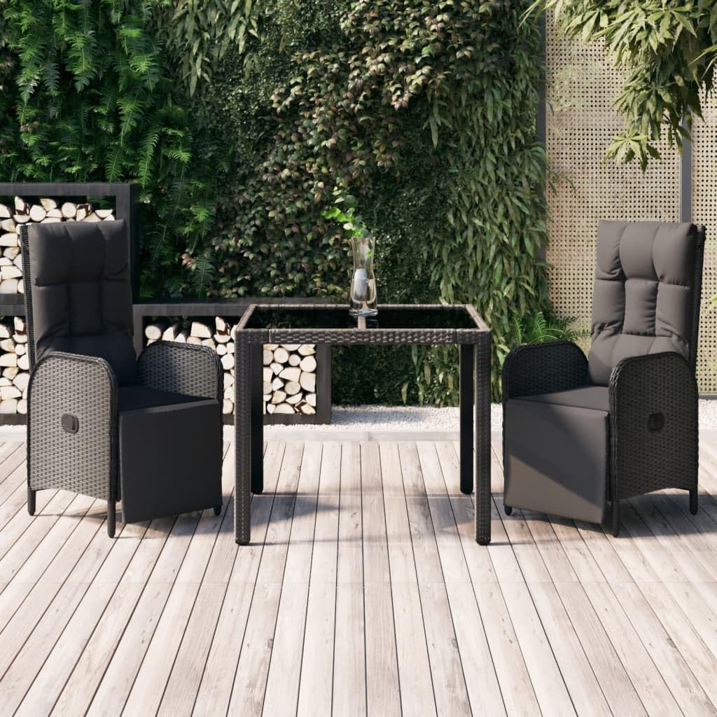 3 Piece Patio Dining Set, Outdoor Furniture Table and Chairs Set Conversation Patio Furniture Set Balcony Furniture Set Outdoor Chairs, with Cushions Black Poly Rattan
