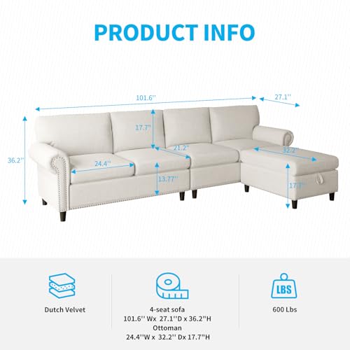 100inch 4 Seater Sectional L Shape Sofa Couch for Living Room,Beige Deep Seat Large Velvet Sectional Sofa Couch w Chaise,Modular Convertible Sectional Sofa Couch,Comfy Linen Lounge Couch