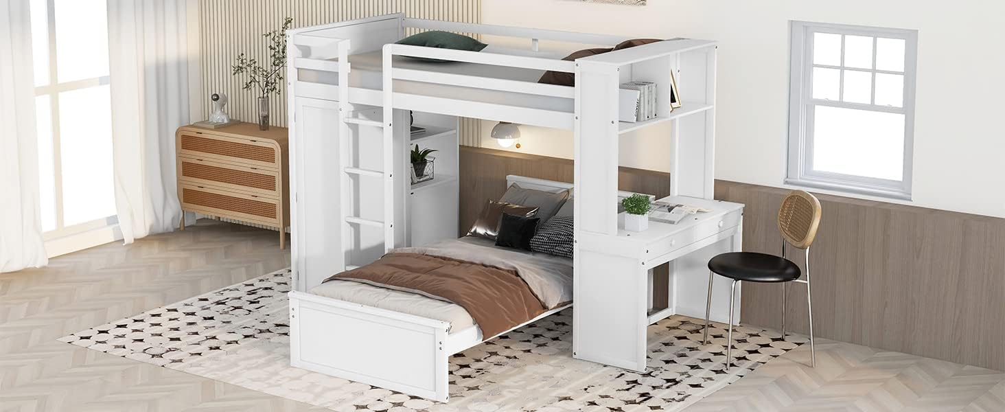 Twin Wooden Bunk Loft Bed with Shelves Desk and Wardrobe for Kids Teens Adults, White