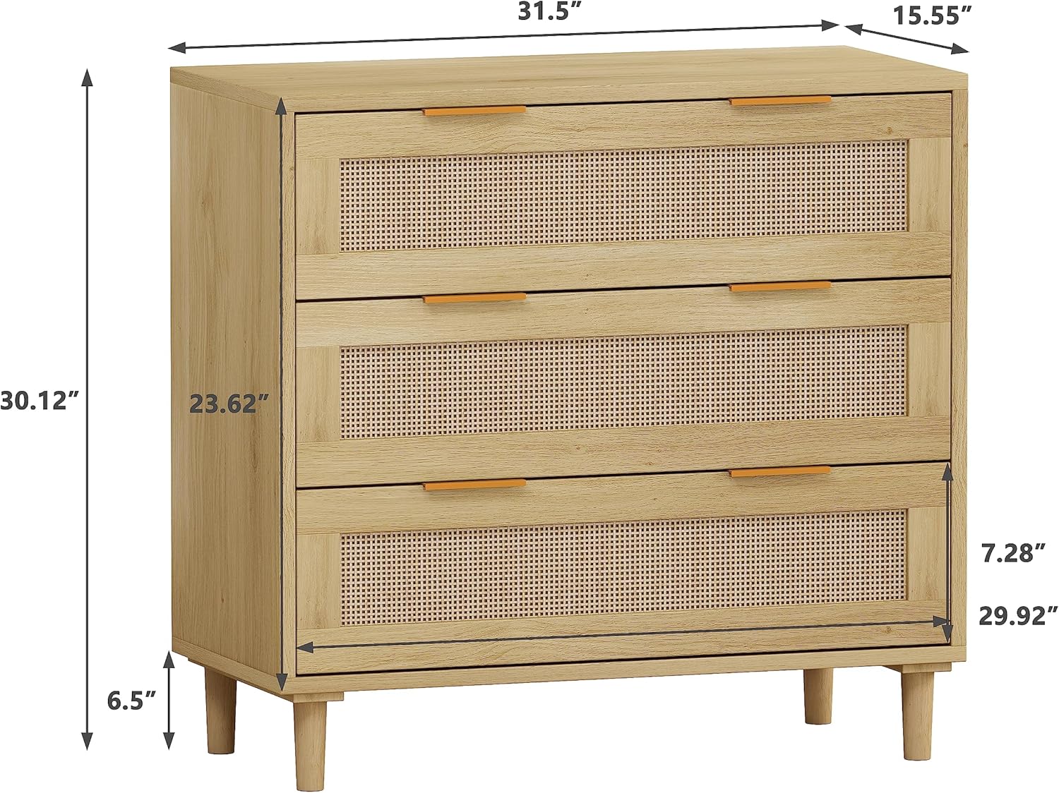 3 Drawer Dresser, Rattan Storage Chest Wood Cabinet for Bedroom, Hallway, Living Room, Oak