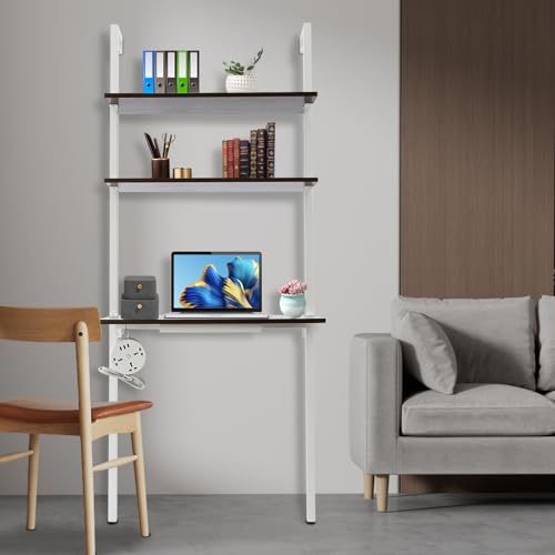 Wall Mount Computer Desk Ladder Desk Industrial Shelf Desk Pipe Shelf Shelving Mini Narrow Wall Table Wall Mount Floating Pipe Table for Small Spaces (Gold, White, 20