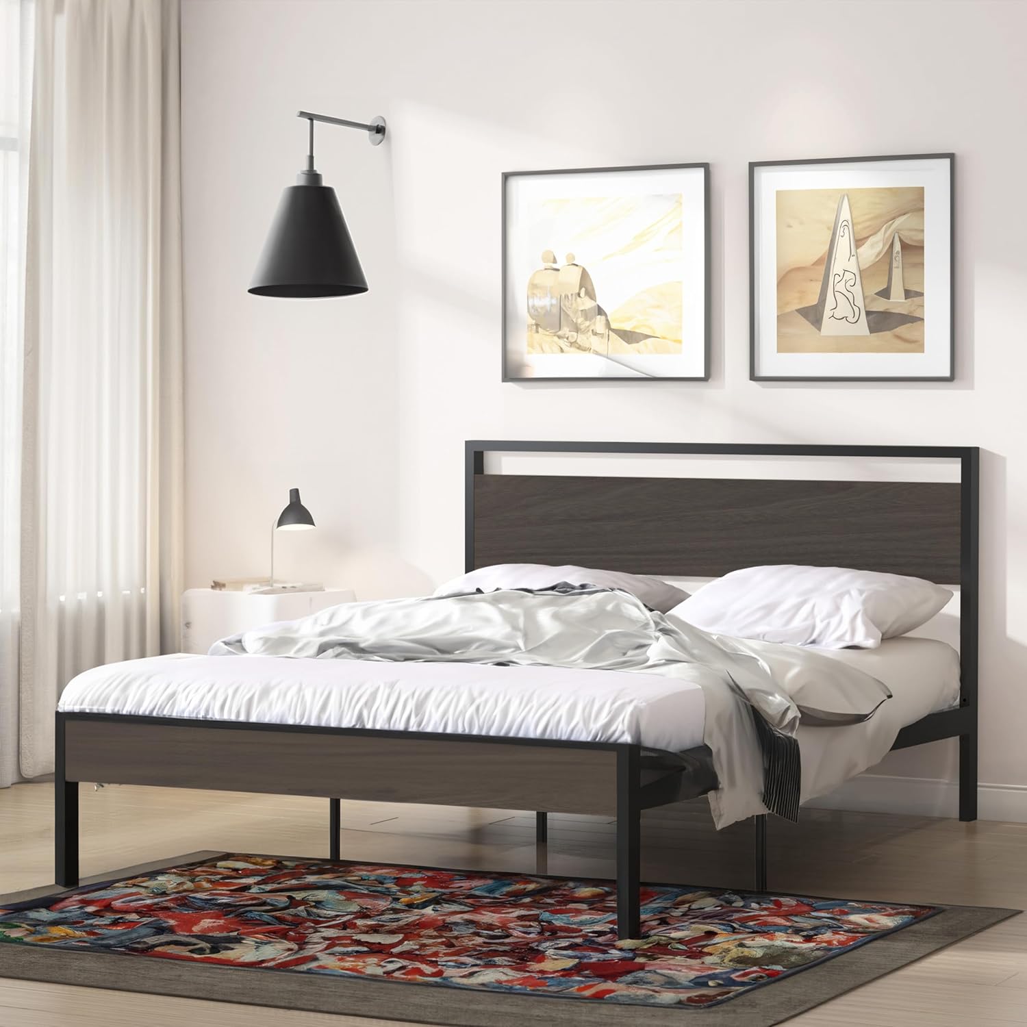 Platform Metal Bed Queen Size, Mattress Foundation, Queen Bed Frame with Walnut Wood Headboard and Under Bed Storage, Metal Queen Bed Frame No Box Spring Needed for Queen Mattress, Black