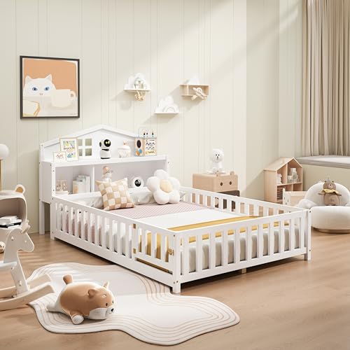 Bellemave Full Size Floor Bed for Kids, Girls, Boys, Solid Wood Montessori Bed with storage headboard, Full Size Montessori Floor Bed with door, kids floor bed with storage, Grey