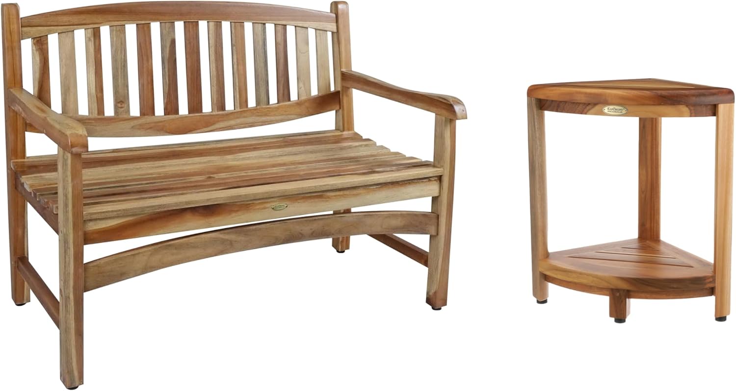 EcoDecors Kent Outdoor Teak Garden Bench with Teak Shower Corner Shelf