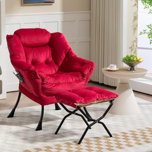 Velvet Lazy Chair with Foldable Ottoman,Large Lazy Chair, Accent Reading Chair, Cozy Lounge Chair with Armrest, Leisure Sofa Chair for Living Room, Bedroom, Dorm, Dark Blue