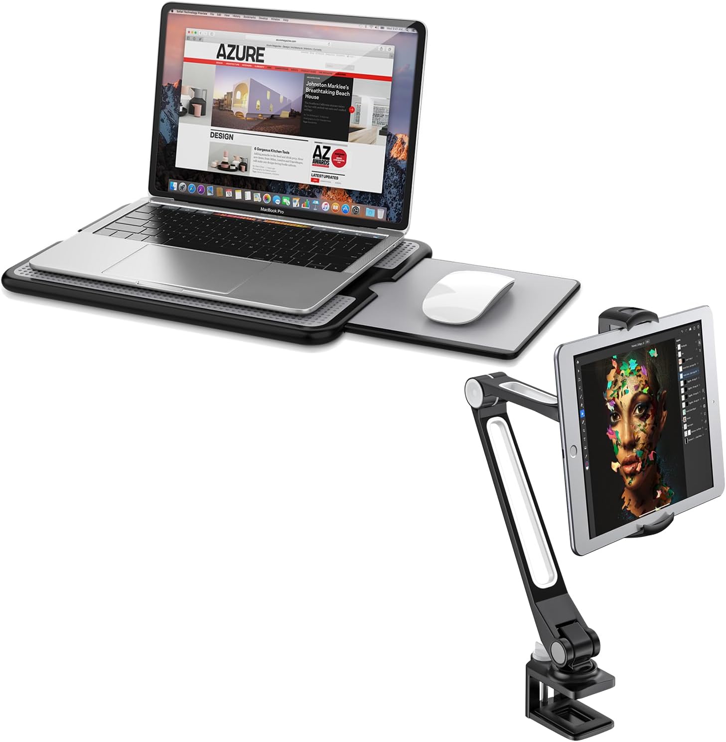 AboveTEK Portable Laptop Lap Desk w/Retractable Mouse Pad Tray & 360° Swivel Arm Aluminum iPad Clamp Stand