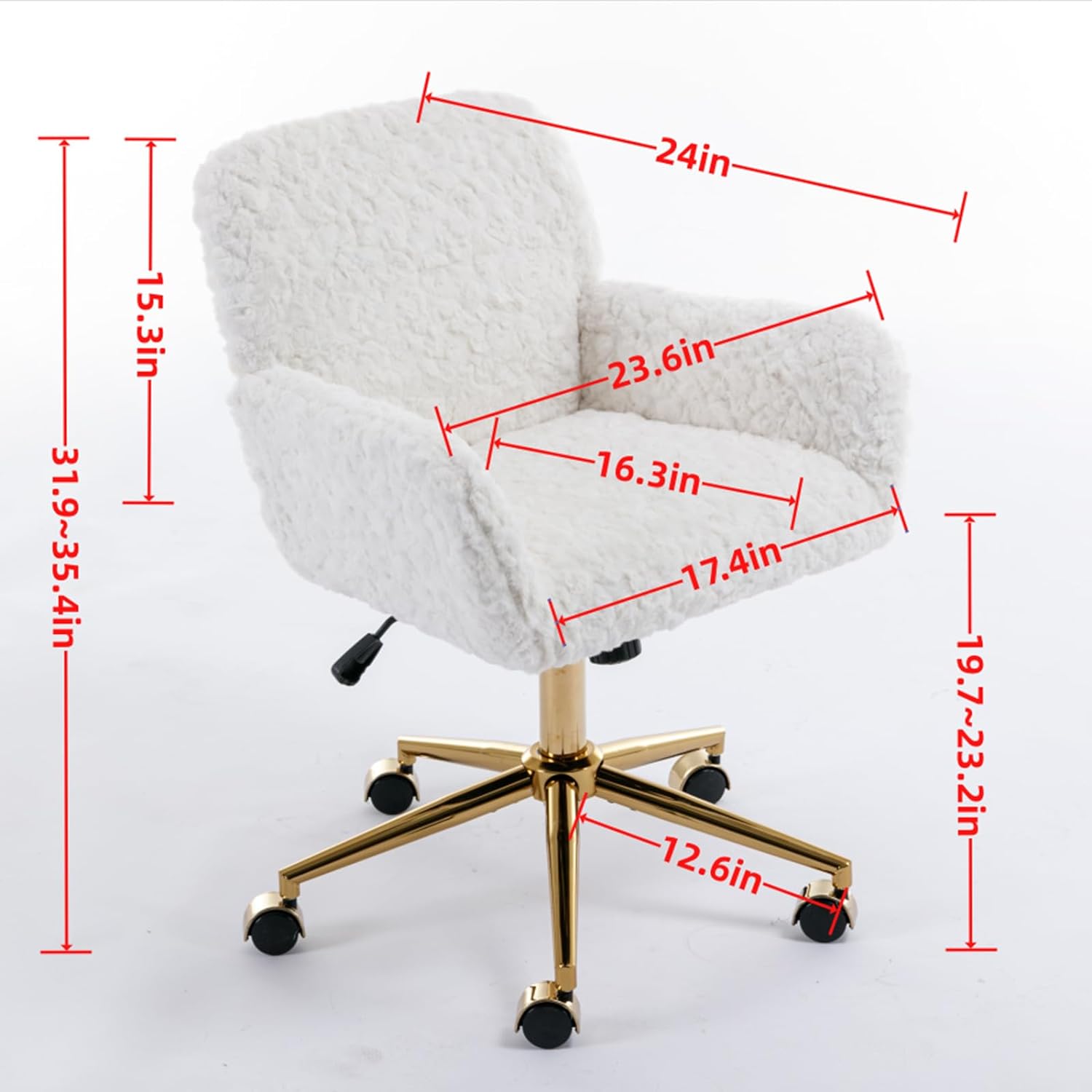 Faux Fur White and Gold Fluffy Desk Chair, Cute Furry Makeup Vanity Chair with Wheels, White Dressing Table Chair, Adjustable Swivel Furry Office Chair for Dressing Room and Bedroom, White