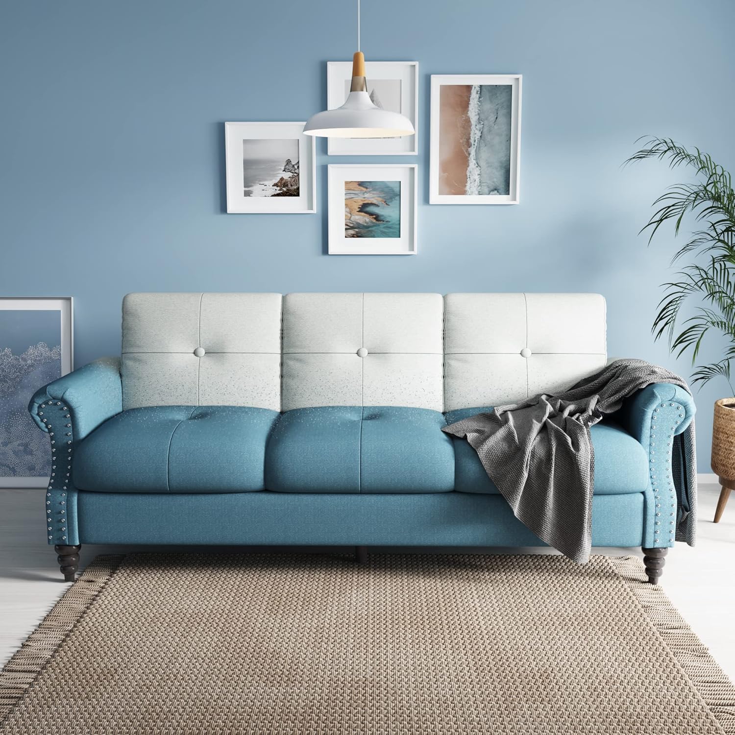 3 Seater Sofa:Comfortable Backrest and Cushions,Suitable for Small Space Apartment,Living Room and Office,83 Inches Blue and Grey Gradient Color Sofas