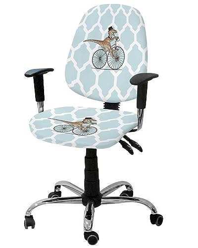 Office Chair Covers Stretchable, Cartoon Dinosaur Gentleman Riding a Bike Morocco Geometric Pattern Blue Elastic Removable Rotating Desk Chair Slipcovers Computer Chair Seat & Back Cover Set