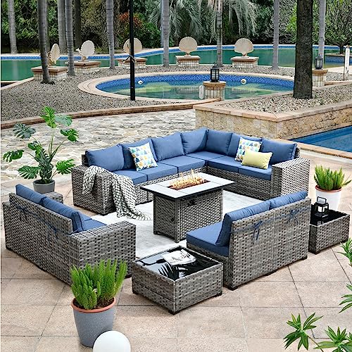 Outdoor Patio Sectional Furniture Sofa Set with Propane Fire Pit Table,13 Piece Large Modern Wicker Couch with Widened Armrest,Modular L Shaped Conversation Seating Set(Black)