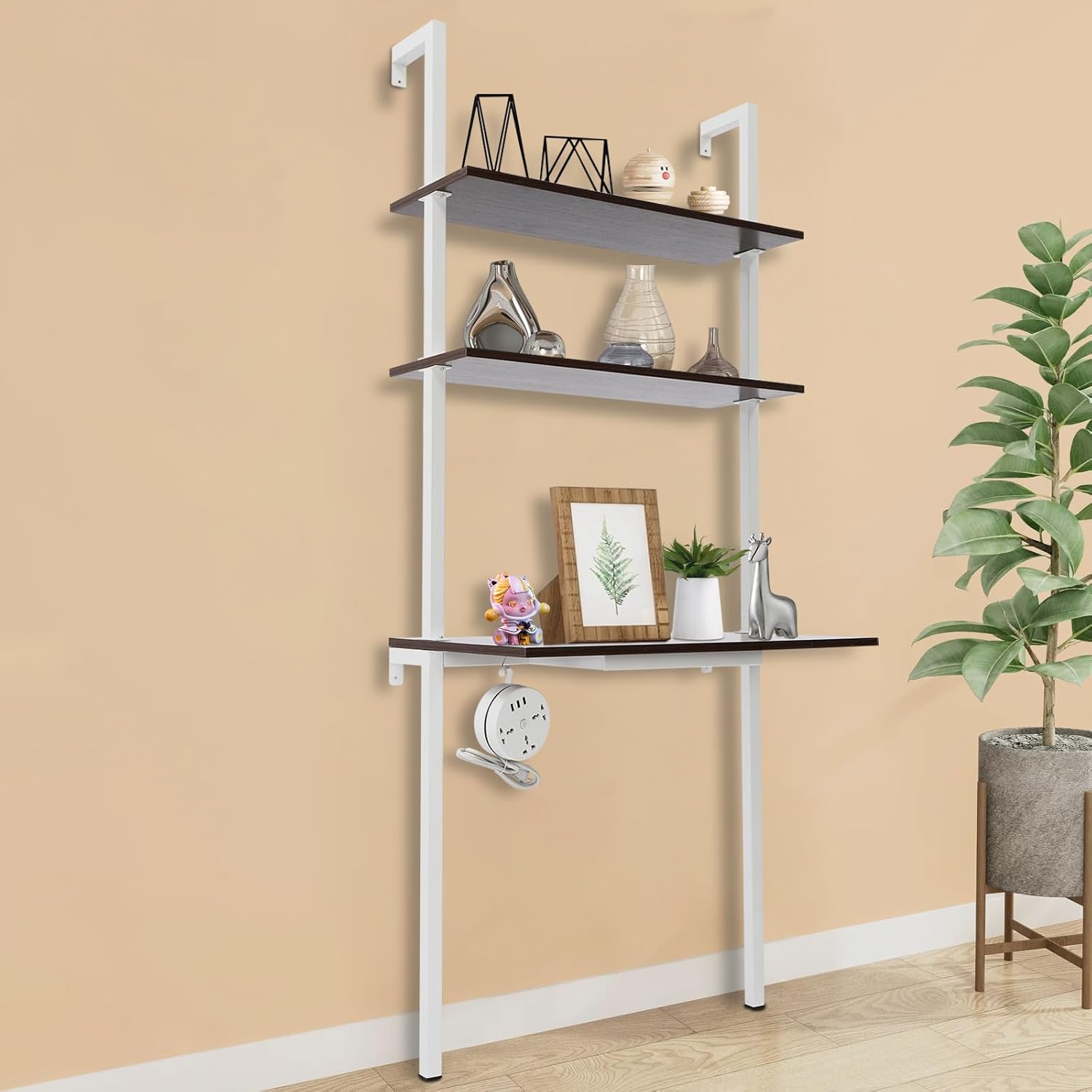 3-Tier Wall Mounted Desk, Wall Ladder Desk Floating Desk for Wall Folding Wall Organizer Wall Mount Computer Writing Table for Homes, Student Dormitories with Adhesive Hook Support 110.23 Lbs