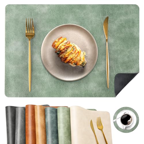 Faux Leather Placemats and Coasters, Washable Reversible Placemats Set of 4 Cowhide Pattern Place Mats Waterproof Non-Slip Kitchen Dining Table Mats (4, Black Green)