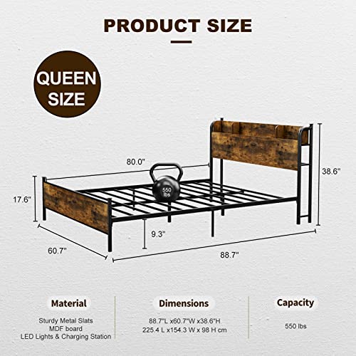 IKIFLY California King Bed Frames with Wood Storage Headboard & Charging Station, Farmhouse Metal Cal King Platform Bed with LED Lights, No Box Spring Needed, No Noise, Easy Assembly, Black