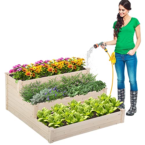 BLKMTY Raised Garden Bed 3 Tier Wood Planter Box for Vegetables Elevated Flower Box Outdoor Tiered Stackable Planters for Gardening Flower above Ground Wooden Box in Patio Backyard, Natural