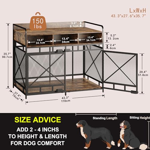 Dog Crate Furniture,Wooden Dog Crate End Table,48 Inch Dog Kennel with Drawers,Heavy Duty Dog Crate,Decorative Pet Crate Dog Cage for Indoor 48.2