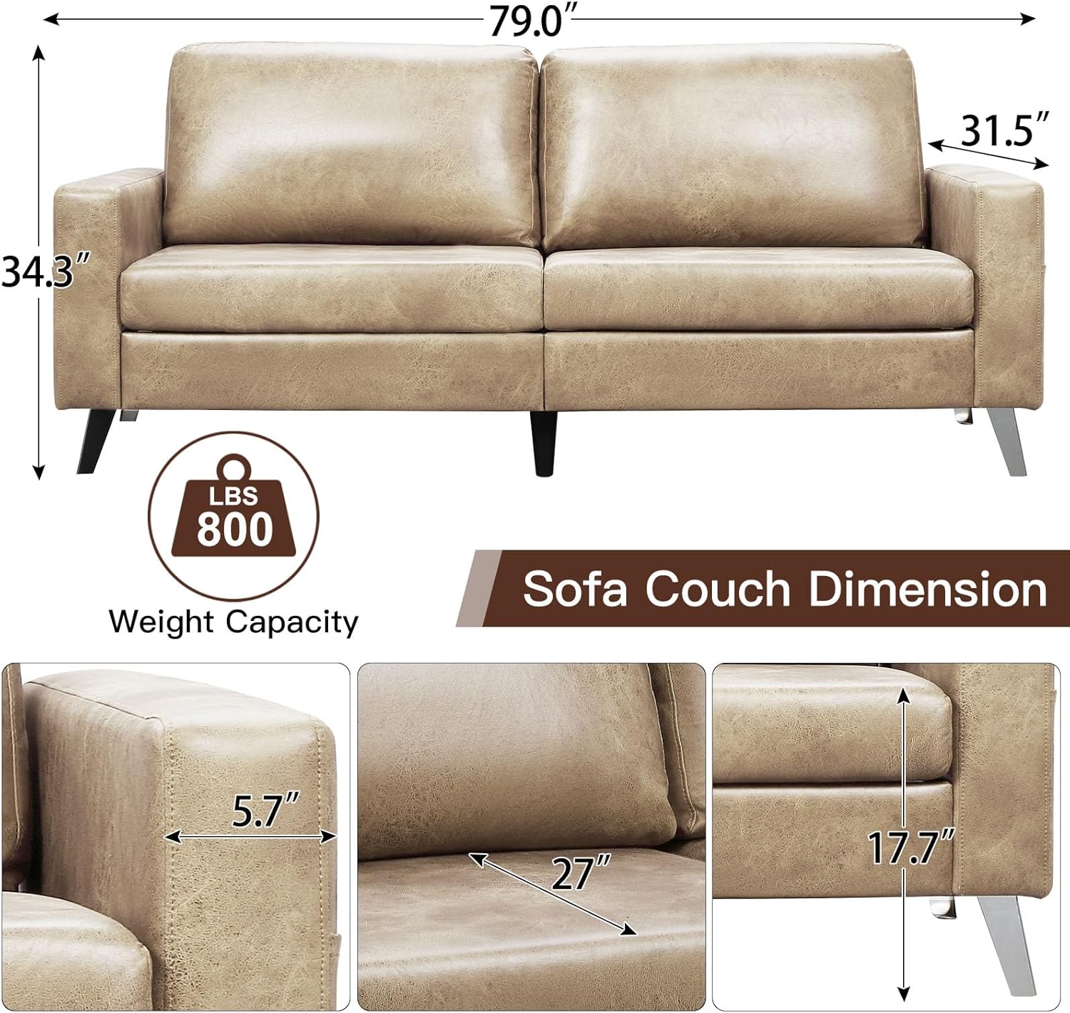 Esright Faux Leather Sofa Couch, Beige Leather Couch 79