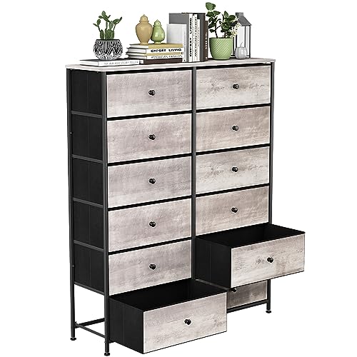 12-Drawer Dresser, 6-Layer Fabric Dresser for Bedroom, Tall Dresser & Chest of Drawers, Storage Organizer Unit w/Fabric Bins, Wood Top, Grey