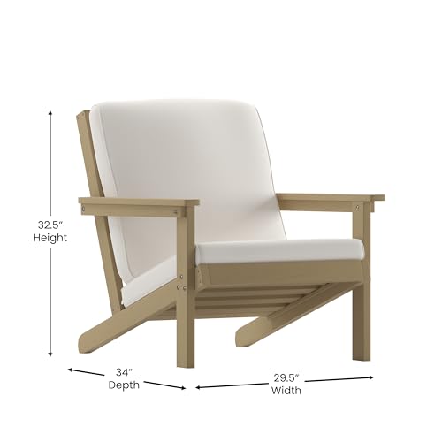 BizChair Adirondack Style Deep Seat Patio Club Chair with Cushions - Natural Cedar Poly Resin Frame - Cream All-Weather Cushions - Indoor/Outdoor