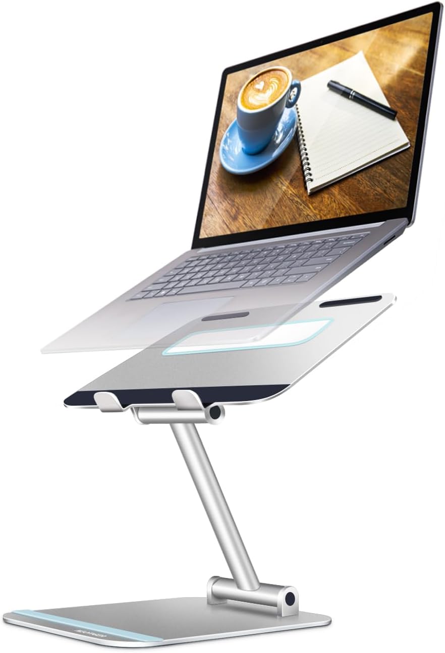 Adjustable Laptop Stand for Desk, Ergonomic Aluminum Foldable Portable Riser, Holder, Mount, for Computer, Notebook, Ipad, Macbook, Dell, Hp, Lenovo, Surface, Samsung, 10 to 17.3”, Silver